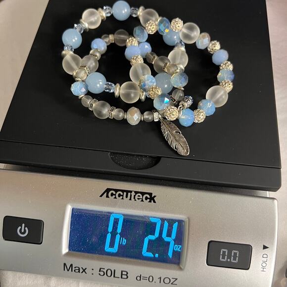 Handmade Beaded Bracelet Trio Sky Blue Gray Silver Tone Beads - Picture 9 of 9